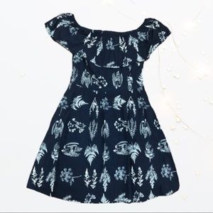 Navy & White Tropical Off Shoulder Dress